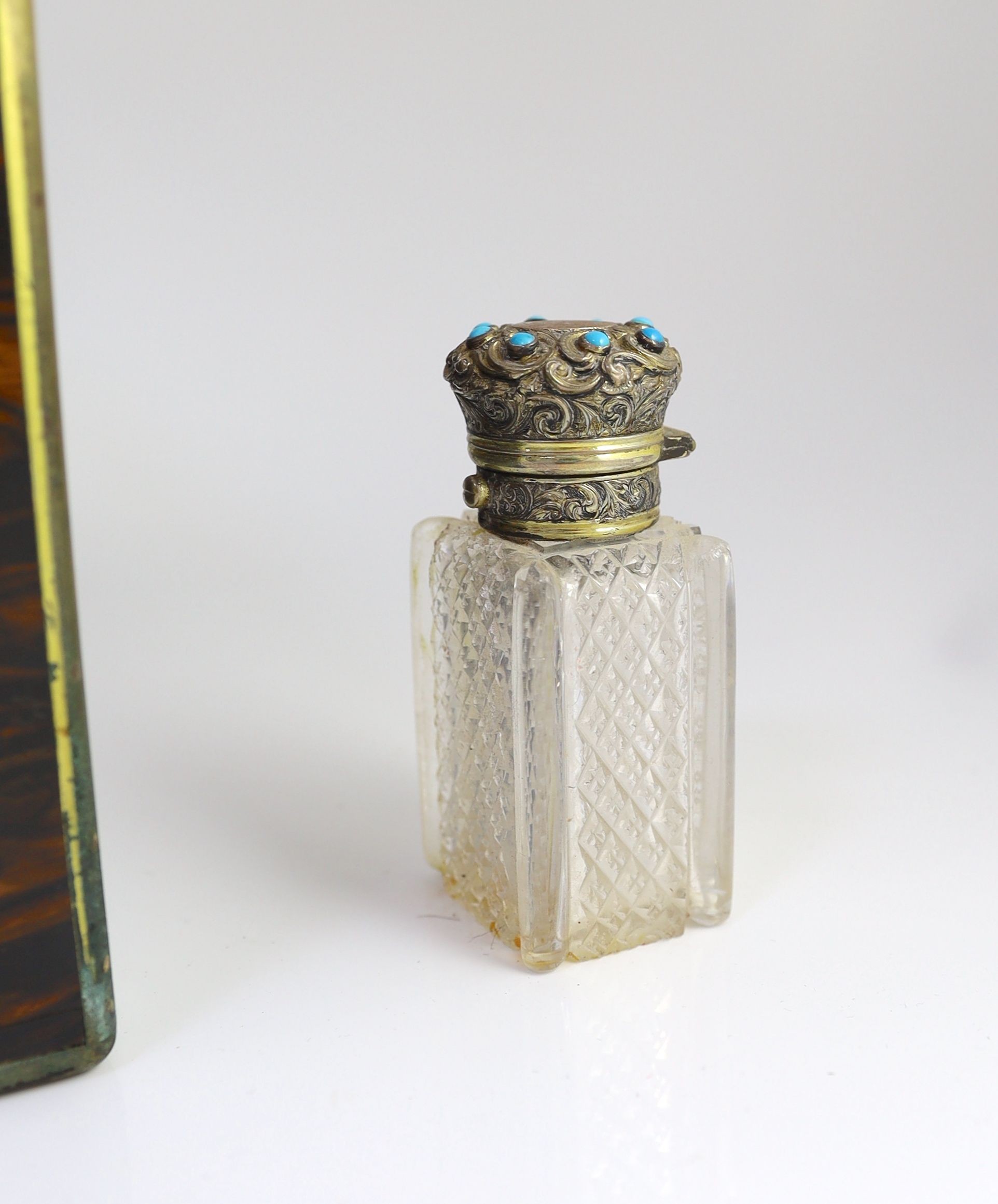 A good Victorian brass mounted and brass monogrammed coromandel travelling toilet set, containing fifteen silver gilt and turquoise bead mounted glass jars and bottles, by Hallstaff & Hannaford